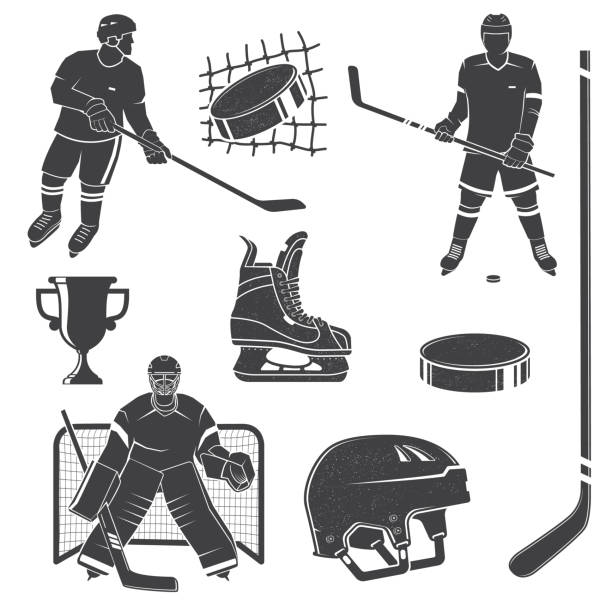 Set of ice hockey player and equipment icon. Vector illustration. Set include: player, helmet, sticks, goalkeeper, puck and skates silhouettes. Elements for badge, logo design Set of ice hockey player and equipment icon. Vector illustration. Set include: player, helmet, sticks, goalkeeper, puck and skates silhouettes. Elements for badge, logo design. ice hockey league stock illustrations