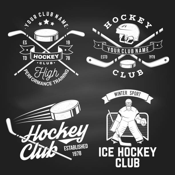 Ice Hockey club logo, badge design on chalkboard. Concept for shirt or logo, print, stamp or tee. Winter sport. Vintage typography design with player, sticker, puck and skates silhouette. Vector. Ice Hockey club logo, badge design on chalkboard. Concept for shirt or logo, print, stamp or tee. Winter sport. Vintage typography design with player, sticker, puck and skates silhouette. Vector ice hockey league stock illustrations