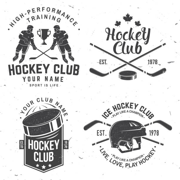 Ice Hockey club logo, badge design. Concept for shirt or logo, print, stamp or tee. Winter sport. Vintage typography design with player, sticker, puck and skates silhouette. Vector. vector art illustration