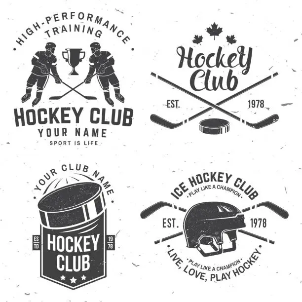 Vector illustration of Ice Hockey club logo, badge design. Concept for shirt or logo, print, stamp or tee. Winter sport. Vintage typography design with player, sticker, puck and skates silhouette. Vector.