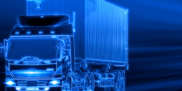Fast delivery truck on dark blue background. Truck transport. Semi trailer container. Logistic industry. Freight transportation. Futuristic truck with autonomous driving concept. Cargo and shipping.