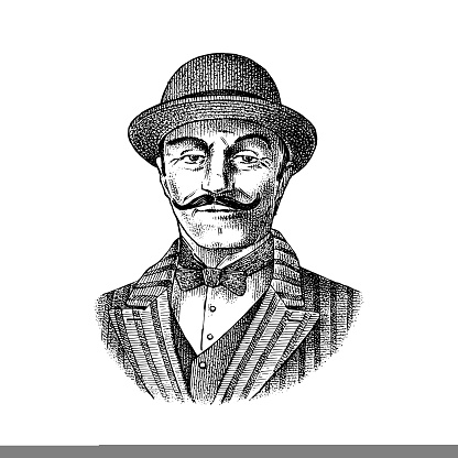 Victorian gentleman. Elegant man in vintage retro style. Vector illustration. Hand drawn engraved retro sketch. Antique old monochrome character. Vector illustration