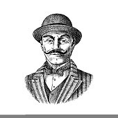 istock Victorian gentleman. Belgian man with mustache. Elegant man in vintage retro style. Vector illustration. Hand drawn engraved retro sketch. Antique old monochrome character 1416917346