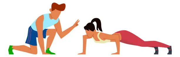 Vector illustration of Fitness coach training woman. Push ups exercise
