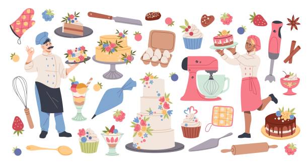 süßwaren. konditoreien desserts, professionelle werkzeuge, lustige konditoren, mann und frau köche charaktere, hochzeit und geburtstag torte ordentlich vektor cartoon flache bäckerei set - baking stock-grafiken, -clipart, -cartoons und -symbole