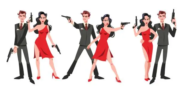 Vector illustration of Secret super agents couple. Cartoon man and women spy characters with weapons, different poses, red dress and formal suit, gentleman and lady criminal persons with guns. Tidy vector set