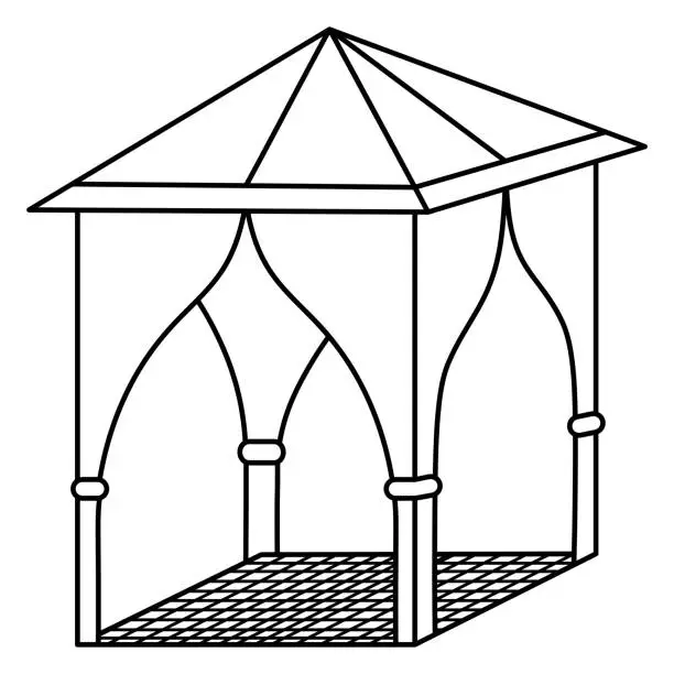 Vector illustration of Gazebo for outdoor recreation. Sketch. Tent with roof and curtains. Vector illustration. Outline on isolated background. Coloring. Doodle style.