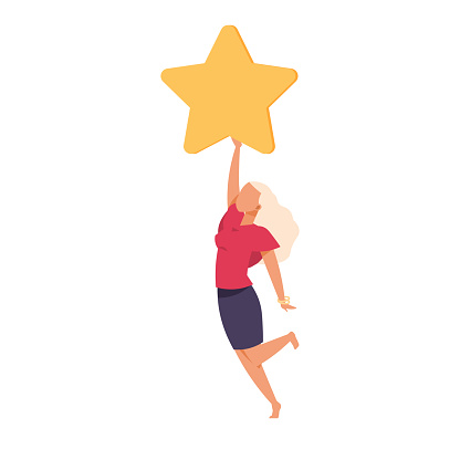 Customer rating. Happy jumping woman with star. Clients satisfaction. Evaluating service, supporting product. Girl with yellow icon. Cartoon flat style illustration. Vector review and feedback concept