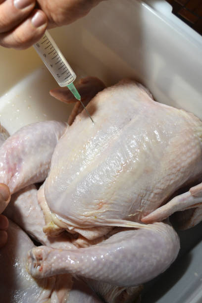 istock Injection of brine in chicken for marinade before smoking 1416926873