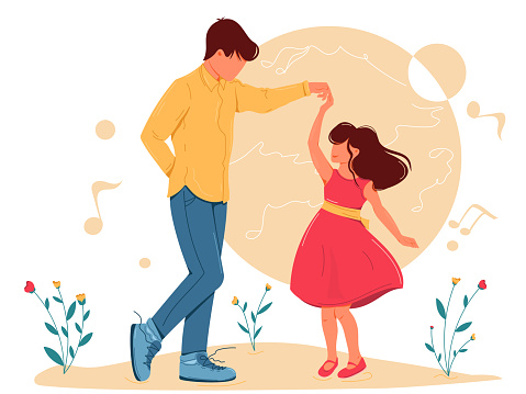 Father and daughter are dancing together. Having fun with parent concept of vector illustration. Cute little girl is dancing with her dad