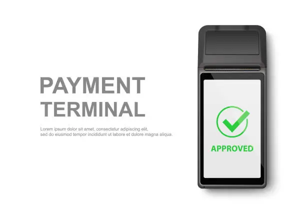Vector illustration of Vector Realistic 3d Black Touch Mobile Payment Machine. POS Terminal Closeup Isolated on White. Design Template of Bank Payment Wireless Contactless Terminal, Mockup. Payments device. Top View