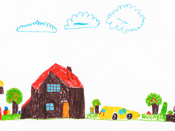 istock A brown house and a yellow car next to it. Child hand drawing that was made using felt pens. 1416928995