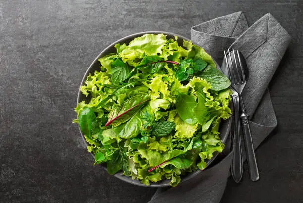 Fresh green leafy salad with herbs on dark table background. Concept for a tasty and healthy meal