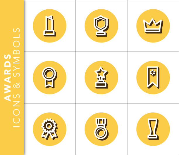 Icons and symbols set related to awards and trophies with shadow on gold background. Icons and symbols set related to awards and trophies with shadow on gold background. Vector isolated graphic. cricket trophy stock illustrations