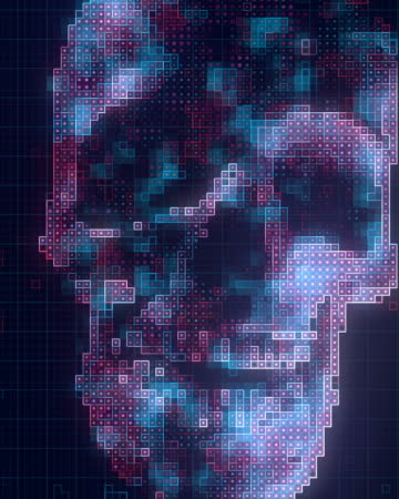Virtual holographic image of the skull from glowing colored LED lamps. Modern background. Digital seamless loop animation. 3d rendering HD