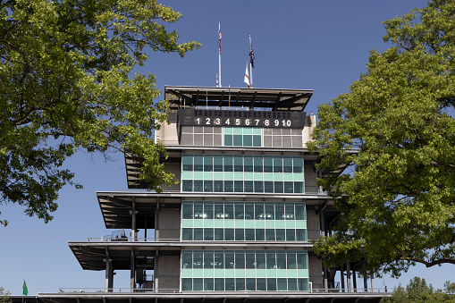 Indianapolis - Circa May 2022: IMS Pagoda at Indianapolis Motor Speedway. The Pagoda is one of the most recognizable structures at IMS and motorsports.