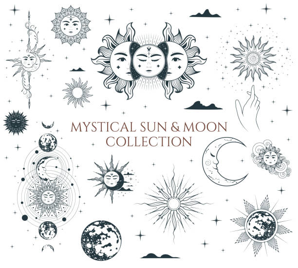 Mystical sun and moon collection. Isolated set of esoteric symbols. Hand drawn vector illustration in boho style. vector art illustration