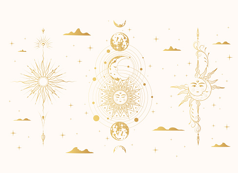 Golden  celestial sun, moon and planets collection. Mystical vector illustration in boho style for esoteric design, background, tarot cards, wall design, and witchcraft isolated on white.