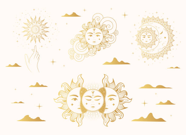 ilustraciones, imágenes clip art, dibujos animados e iconos de stock de celestial sol y luna colección dorada. conjunto aislado de objetos esotéricos, estrellas, nubes. ilustración vectorial dibujada a mano en estilo boho para un diseño místico. - dreamcatcher symbol mystery catching