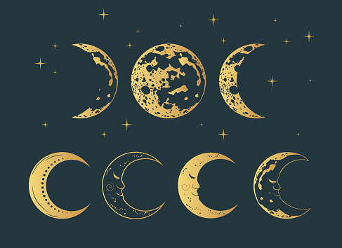 Celestial moons mystical collection. Golden silhouettes isolated on black background. Hand drawn vector illustration for esoteric design, astrology, zodiac and tarot.
