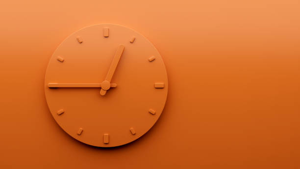 istock Minimal Orange clock 12:45 o clock quarter to one abstract Minimalist wall clock 3d Illustration 1416939210