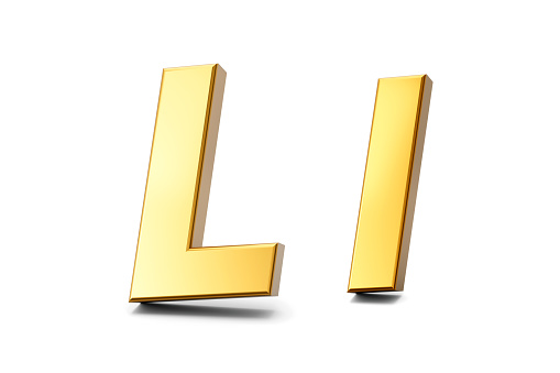 3d letter L in gold metal on a white isolated background, capital and small letter 3d illustration