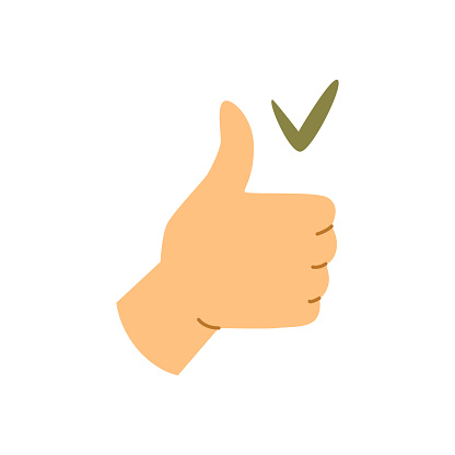 Hand gesture of thumb up expressing satisfaction, approval or agreement. Saying yes, non verbal communication using arms. Flat cartoon, vector in flat style