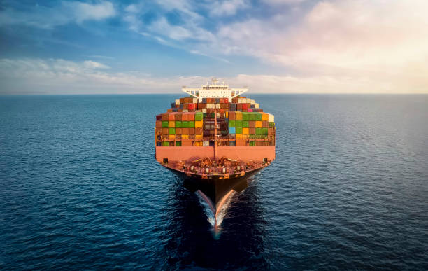 istock Aerial front view of a large, loaded container cargo vessel 1416945704