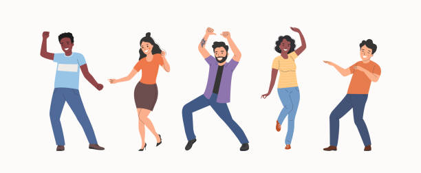 Different young women and men dancing. People stand full body. Flat style cartoon vector illustration. Different young women and men dancing. People stand full body. Flat style cartoon vector illustration. dancing stock illustrations
