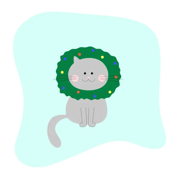 Vector illustration of cute cat with a Christmas tree wreath on his head