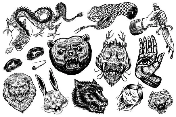 Vector illustration of Set of Fashion patches. Tattoo artwork. Bear Dragon Lion Snake Dagger Hare and astrological hand. Drawn Engraved in old vintage sketch. Vector surreal illustration, badges, print for t-shirt.