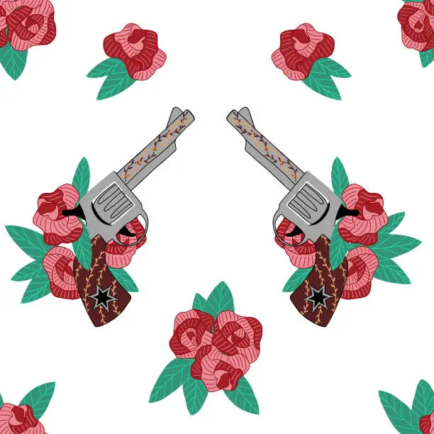 Vector illustration of Cowboy pistol Pistol in Roses. Seamless pattern boho style.  Hand drawn vector illustration.