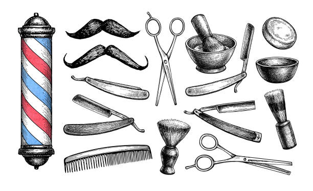 аксессуары для бритья и стрижки. - barbers pole stock illustrations