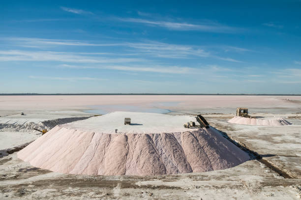 istock Trucks unloading raw salt bulk, Salinas Grandes de Hidalgo, La Pampa, Argentina. 1416949274