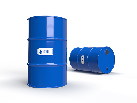 Two blue oil barrels on a white background. 3D illustration