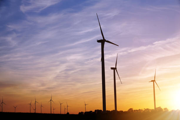 istock Beautiful sunset above the windmills on the field 1416949628