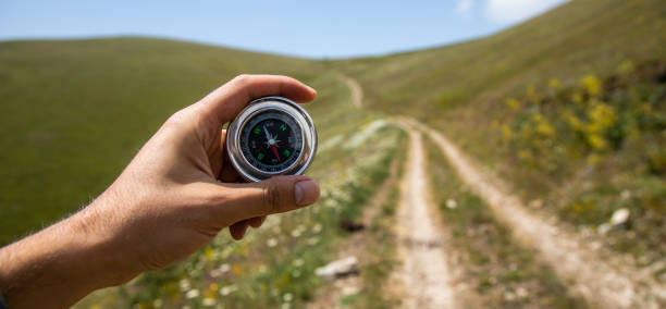 istock A male is looking for a compass in the mountains 1416949664