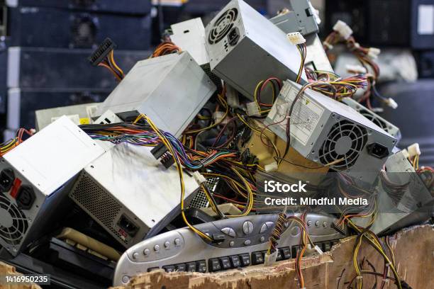 Old Computer Components In Electronic Recycling Plant Stock Photo - Download Image Now
