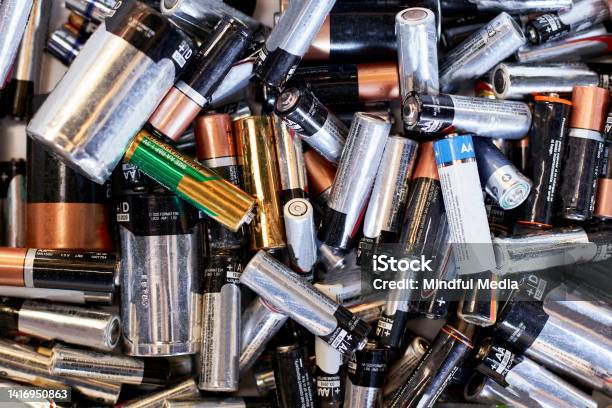 Pile Of Used Batteries Ready For Recycling Stock Photo - Download Image Now - Battery, Recycling, Stack