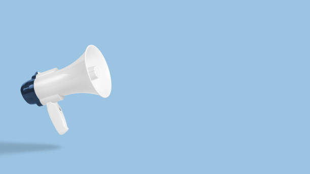 istock Attention and announcement concept with white-blue megaphone on blue background. Minimal advertising concept. 1416952006