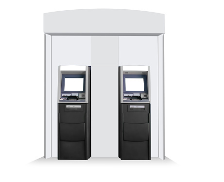 Booth of two ATM Automated Teller Machines isolated on white background for advertising mockup template. Out-of-home OOH media display space for bank advertisements branding; with clipping paths