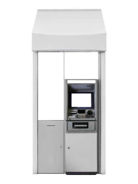 istock Isolated ATM Automated Teller Machine booth on white background for advertising mockup template. Out-of-home OOH media display space for bank advertisements branding; with clipping paths. 1416952694