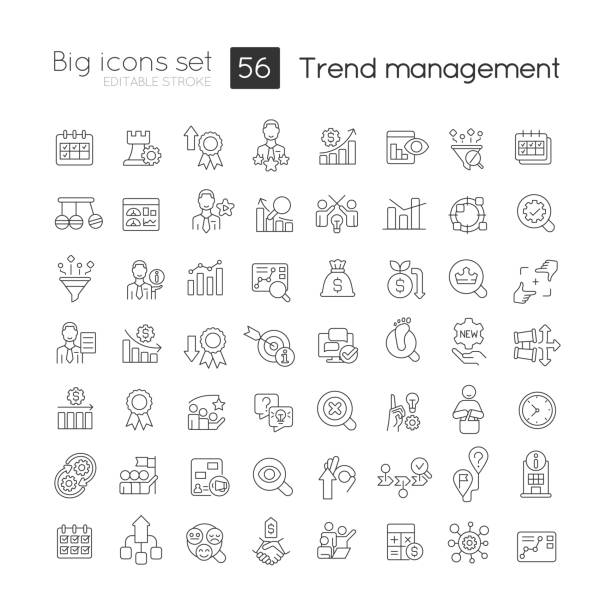 Trend management linear icons set Trend management linear icons set. Stock market analytics. Trading strategy. Customizable thin line symbols. Isolated vector outline illustrations. Editable stroke. Quicksand-Light font used Bundle stock illustrations