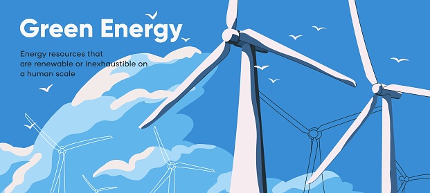 Renewable green energy banner with eco wind turbines. Landing page background design with windmills towers, future sustainable, environment friendly electric resources. Flat vector illustration.