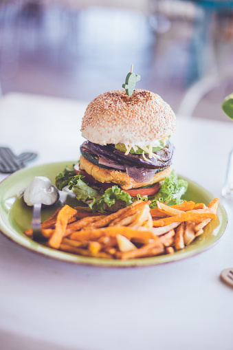 Vegan Burger with sweet potato fries