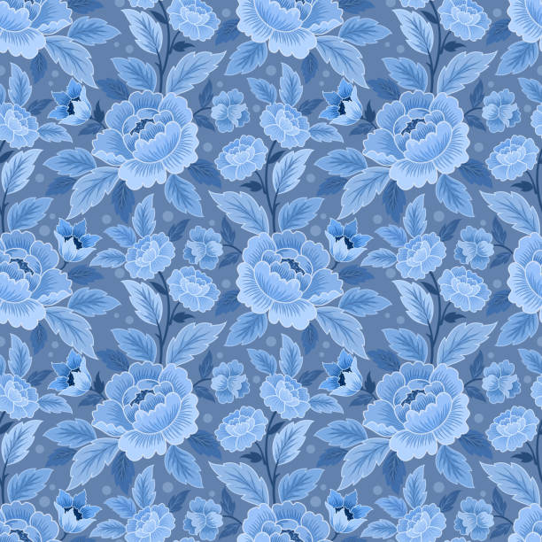 blaues monochromes blumenornament nahtloses muster. - floral pattern decor art backgrounds stock-grafiken, -clipart, -cartoons und -symbole