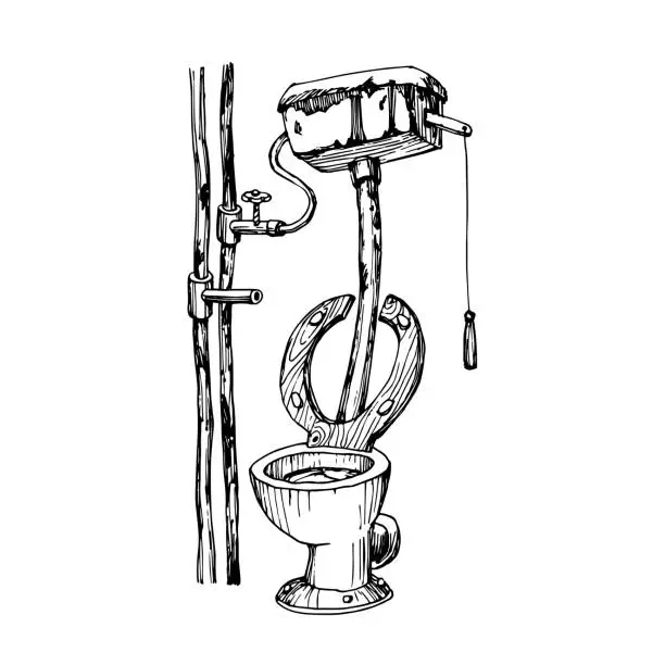 Vector illustration of Dirty ceramic toilet with a drain tank and a wooden seat. Rusty plumbing system.