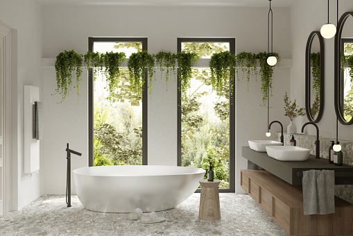 Bathroom interior with bathtub in a central place, houseplants and windows. 3d render image.