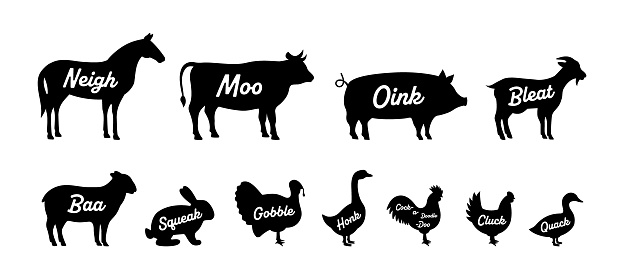 Set of farm animal silhouettes. Neigh, Moo, Oink, Bleat, Baa, Squeak, Gobble, Honk, Cock-a-doodle-doo, Cluck, Quack - animals voice lettering. Farm animals silhouettes isolated on white background.