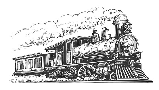 Moving retro steam locomotive. Train, vintage transport illustration isolated on white background